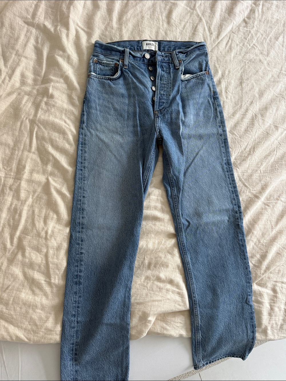Agolde Medium Blue Button-Fly Straight Jeans